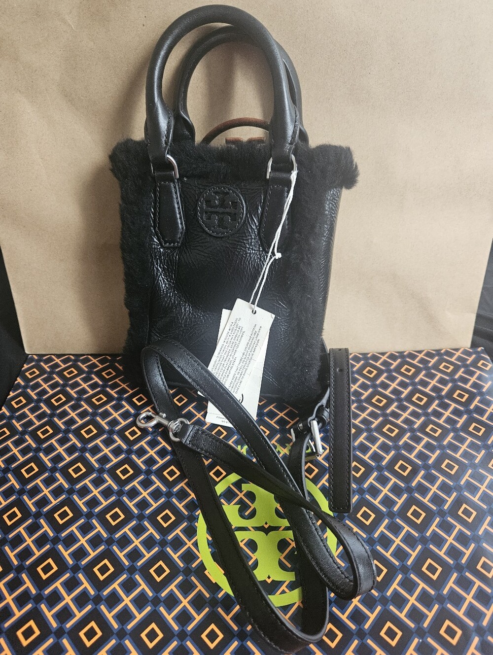 NWT Tory Burch Blake Patent Shearling Mini Shopper Tote Crossbody Bag